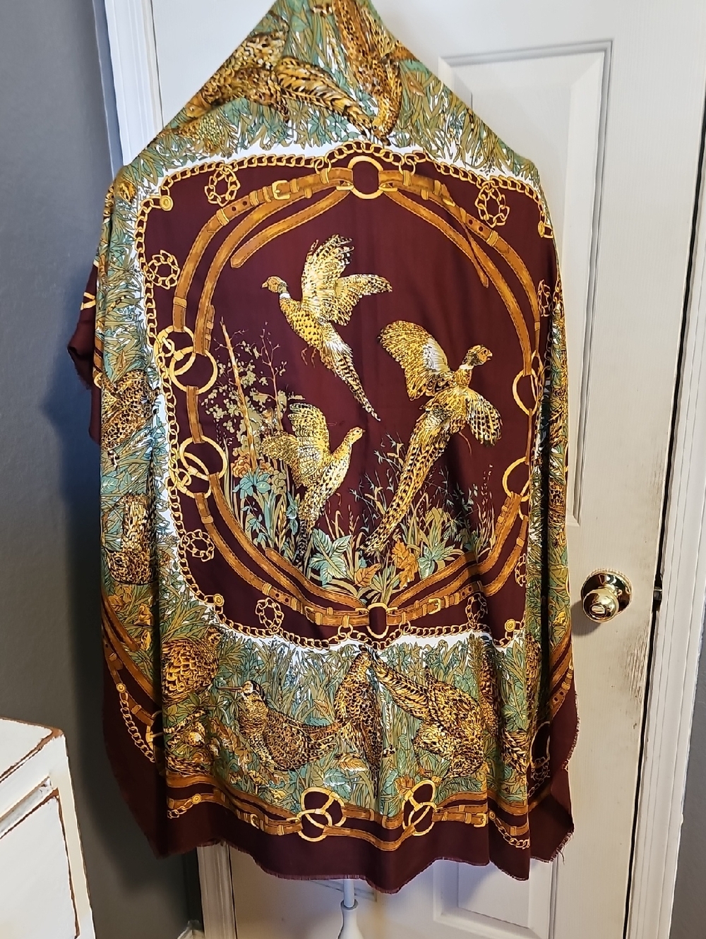 Vintage-Inspired Bird & Foliage Scarf in Burgundy and Gold